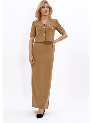 Önder Özsoy V Yaka  Kısa Ceket & Uzun Düz Dar Etek-Camel