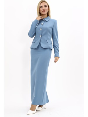 Önder Özsoy Gömlek Yaka Klasik Ceket &  Uzun Düz Dar Etek-Deniz