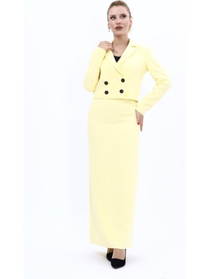Önder Özsoy Erkek Yaka Kuruvaze Kısa Ceket & Uzun Düz Dar Etek-Sarı