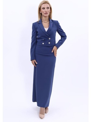 Önder Özsoy Erkek Yaka Kuruvaze Kısa Ceket & Uzun Düz Dar Etek-İndigo