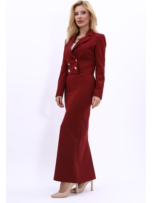 Önder Özsoy Erkek Yaka Kuruvaze Kısa Ceket & Uzun Düz Dar Etek-Bordo