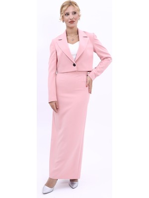 Önder Özsoy Erkek Yaka Tek Düğmeli Kısa Ceket & Uzun Düz Dar Etek-Pudra