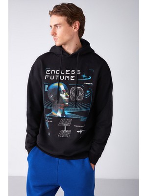 Warrıor Erkek Içi Polarlı Metaverse Baskılı Kapüşonlu Kordonlu Siyah Sweatshirt