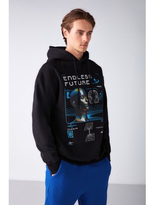 Warrıor Erkek Içi Polarlı Metaverse Baskılı Kapüşonlu Kordonlu Siyah Sweatshirt