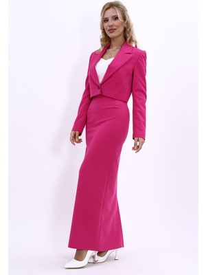 Önder Özsoy Erkek Yaka Tek Düğmeli Kısa Ceket & Uzun Düz Dar Etek-Fuşya