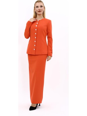 Önder Özsoy Sıfır Yaka Boydan Düğmeli Ceket & Uzun Düz Dar Etek-Turuncu