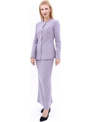 Önder Özsoy Sıfır Yaka Boydan Düğmeli Ceket & Uzun Düz Dar Etek-Antrasit