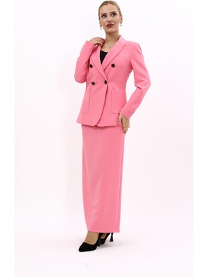 Önder Özsoy Erkek Yaka Torba Cepli Klasik Ceket &  Uzun Düz Dar Etek-Pembe