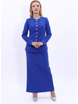 Önder Özsoy Sıfır Yaka Boydan Düğmeli Ceket & Uzun Düz Dar Etek-Saks