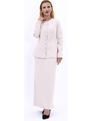 Önder Özsoy Sıfır Yaka Boydan Düğmeli Ceket & Uzun Düz Dar Etek-Bej