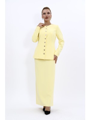 Önder Özsoy Sıfır Yaka Boydan Düğmeli Ceket & Uzun Düz Dar Etek-Sarı