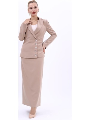 Önder Özsoy Erkek Yaka Düğme Detaylı Ceket & Uzun Düz Dar Etek-Taş