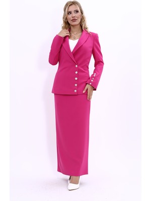 Önder Özsoy Erkek Yaka Düğme Detaylı Ceket & Uzun Düz Dar Etek-Fuşya