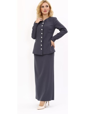 Önder Özsoy Sıfır Yaka Boydan Düğmeli Ceket & Uzun Düz Dar Etek-Füme