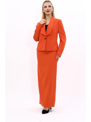 Önder Özsoy Amerikan Yaka Kısa Klasik Ceket &  Uzun Düz Dar Etek-Turuncu