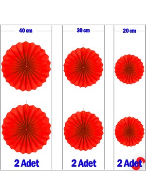 Süsle Bebek ve Parti Kağıt Yelpaze Süs, 6 Adetli Set, Kırmızı