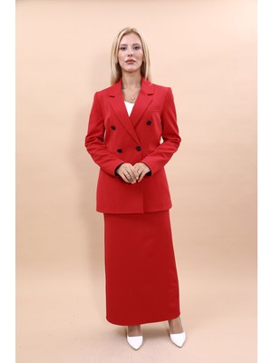 Önder Özsoy Erkek Yaka Kuruvaze Blazer Ceket & Uzun Düz Dar Etek-Kırmızı