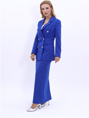 Önder Özsoy Erkek Yaka Kuruvaze Blazer Ceket & Uzun Düz Dar Etek-Saks