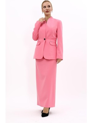 Önder Özsoy Kendinden Dik Yakalı Ceket & Uzun Düz Dar Etek-Pembe