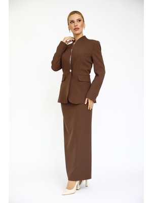 Önder Özsoy Kendinden Dik Yakalı Ceket & Uzun Düz Dar Etek-Kestane