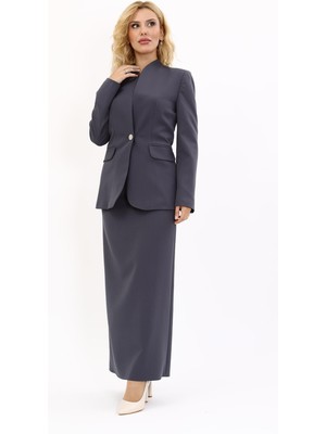 Önder Özsoy Kendinden Dik Yakalı Ceket & Uzun Düz Dar Etek-Füme