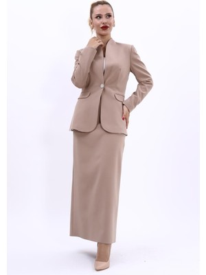 Önder Özsoy Kendinden Dik Yakalı Ceket & Uzun Düz Dar Etek-Taş