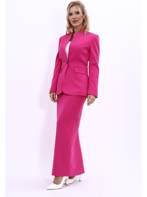 Önder Özsoy Kendinden Dik Yakalı Ceket & Uzun Düz Dar Etek-Fuşya