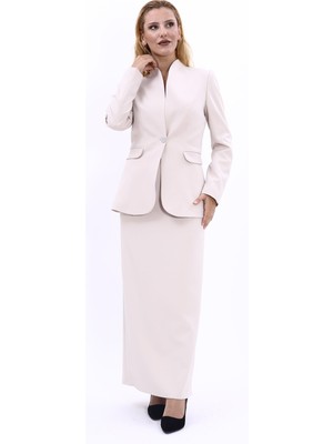 Önder Özsoy Kendinden Dik Yakalı Ceket & Uzun Düz Dar Etek-Bej