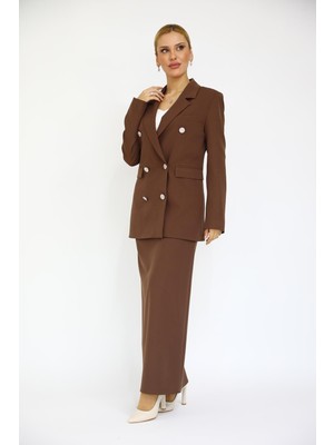 Önder Özsoy Erkek Yaka Kuruvaze Blazer Ceket & Uzun Düz Dar Etek-Kestane