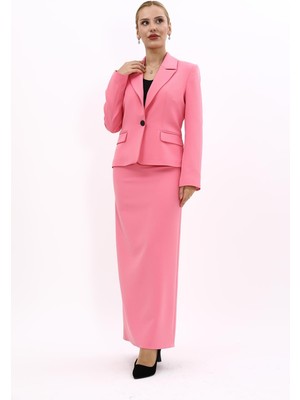 Önder Özsoy Erkek Yaka Tek Düğmeli Klasik Ceket & Uzun Düz Dar Etek-Pembe