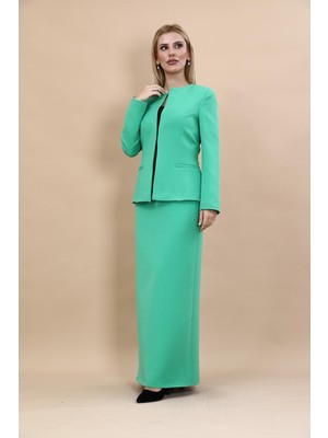 Önder Özsoy Oval Yaka Yandan Kuplu Klasik Ceket & Uzun Düz Dar Etek-Yeşil