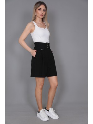 Yüksek Bel Pileli Şort-Siyah