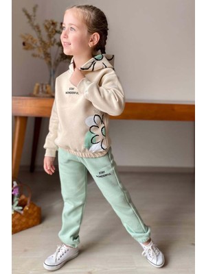 Kız Çocuk Stay Wonderful Çiçek Desenli Içi Pamuklu Yeşil Eşofman Takım