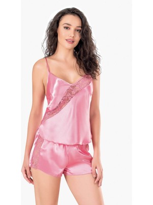 MOTTO10BUTIK Koyu Pembe Saten Babydoll Şort Takımı