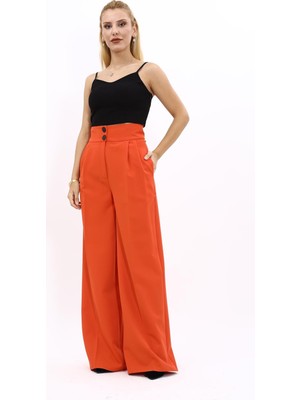 Korsaj Kemer Yüksek Bel Palazzo Pantolon-Turuncu