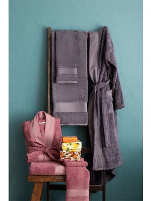 Apricitas Home Gül Kurusu/koyu Gri Bambu Aile Bornoz Seti