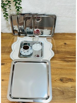 6'lı Paslanmaz Çelik 21X21 Kare Çay, Kahve, Pasta Servis Tepsisi Sunum Tepsisi
