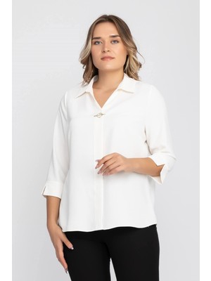 Ayhan Kadın Büyük Beden Broşlu Truvakar Kol Krep Bluz 1592 Ekru