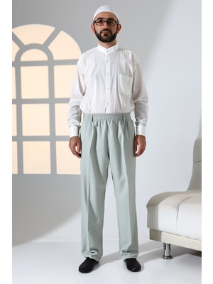 Erkek Rahat Kesim Beli Lastikli Cepli Hac ve Umre Kumaş Şalvar Pantolon - Su Yeşili (Isr)