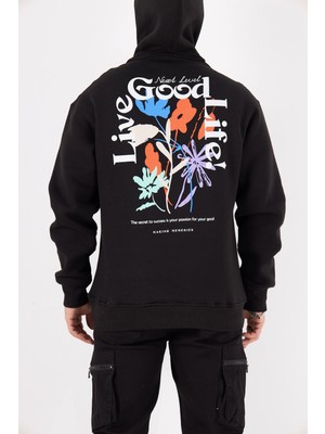 The Champ Clothing Arka Baskı Detaylı Live Good Life Yazılı Kapüşonlu Bağcıklı Fermuar Kapamalı Oversize Sweatshirt