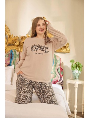 Aydoğan Kadın Suzi Büyük Beden Termal Leopar Bej Pijama Takım 0682