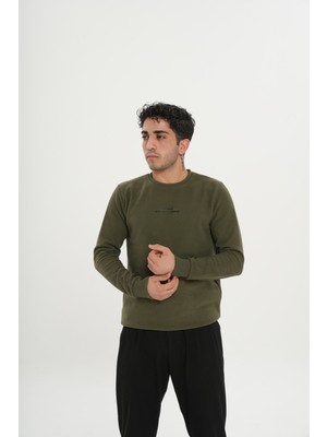 Unisex Pamuklu Haki Bisiklet Yaka Sweatshirt