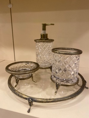 Plus Home Banyo Seti 4 Parça Döküm Pirinç Kesme Cam Antik Eskitme