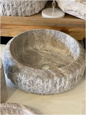 Polen Stone Yeni Silver (Gümüş) Traverten 9'lu Lavabo ve Kaseli Banyo Takımı