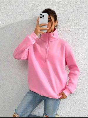 Zoka Wear Kadın Yarım Fermuarlı Bebe Pembe Oversize Dik Yaka Sweatshirt