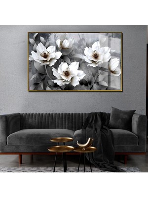 Harikabirev Antrasit Gri Beyaz - Siyah Çiçek Tablosu |Çerçeveli Temperli Cam Tablo Tekli Yatay