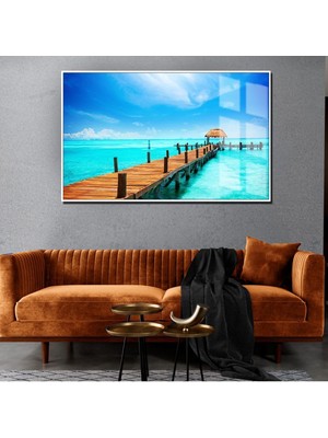 Harikabirev Yaz Manzaralı Mavi Iskele Manzarası Modeli 2|Çerçeveli Temperli Cam Tablo Tekli Yatay