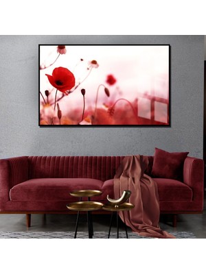 Harikabirev Yaz Manzaralı Kırmızı Gelincik Tarla Modeli 2|Çerçeveli Temperli Cam Tablo Tekli Yatay
