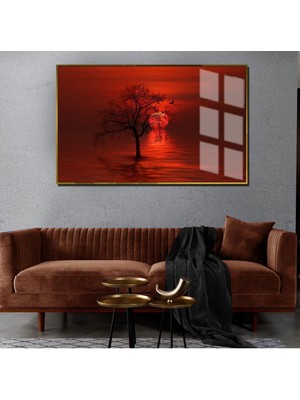 Harikabirev Sonbahar Manzaralı Kırmızı Renk Ağaç Motifli 1|Çerçeveli Temperli Cam Tablo Tekli Yatay