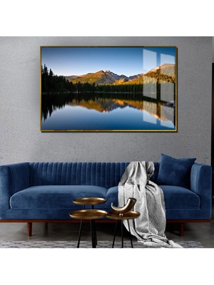 Harikabirev Sonbahar Manzaralı Mavi Göl Manzarası 1|Çerçeveli Temperli Cam Tablo Tekli Yatay